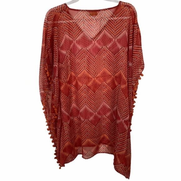 Sol & Mer Red Dotty Ikat Flat Tunic W/ Pom-Pom Trim Lightweight Cover-Up 40"x35" - Picture 3 of 4